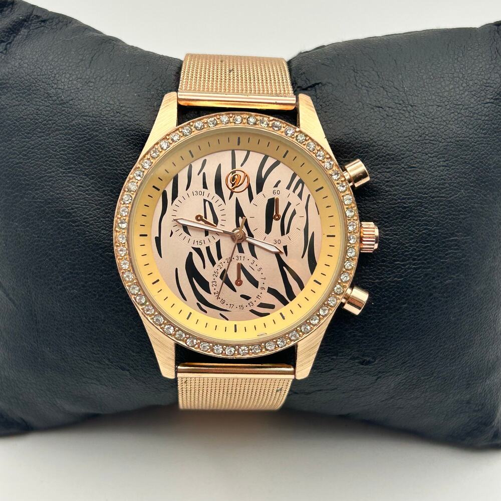 Animal Print Crystal and Gold Metal Face Watch Gold Mesh Band